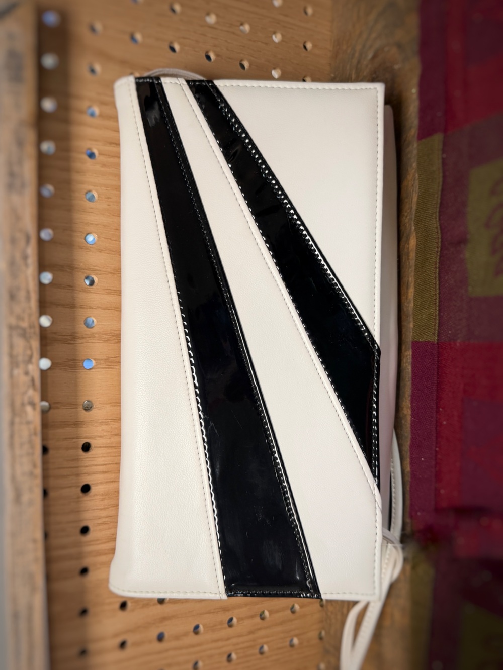 Elegant White Clutch with Black Patent Stripes